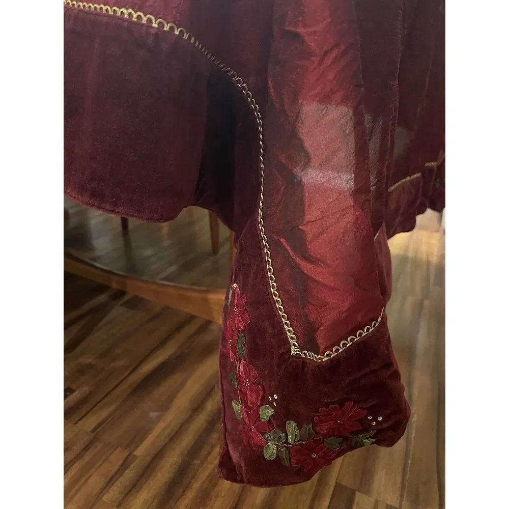 Red Velvet Christmas‎ Tablecloth w/Gold Accents and Floral Embroidery 60
